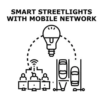 Smart streetlights mobile network controlling city infrastructure Illustrazione stock