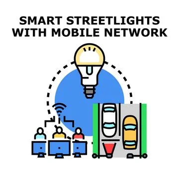 Smart streetlights mobile network controlling city infrastructure Illustrazione stock