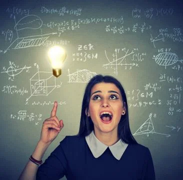 Smart student with idea light bulb maths and science formulas on background Stock Photos