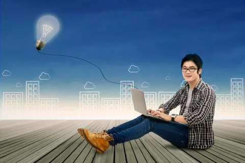 Smart student studying with laptop Ilustración de archivo