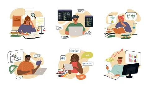 Smart students characters studying in home conditions 스톡 일러스트
