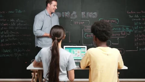 Smart teacher holding tablet while explain about programming system. Edification Stock Footage 270913265