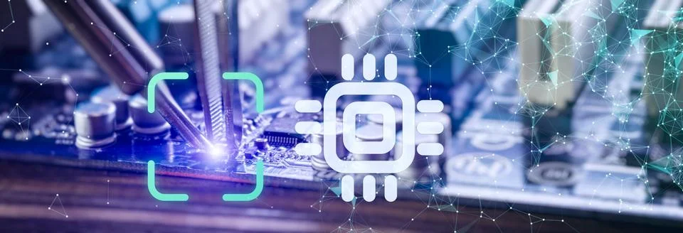 Smart technology and AI hardware concept. Macro soldering on a printed circui Stock Photos