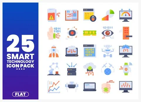 Smart Technology Flat Icons Pack for Digital Projects Stock Illustration