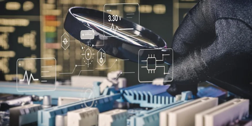 Smart technology forensics. Macro view of PCB deep inspection with digital di Stock Photos