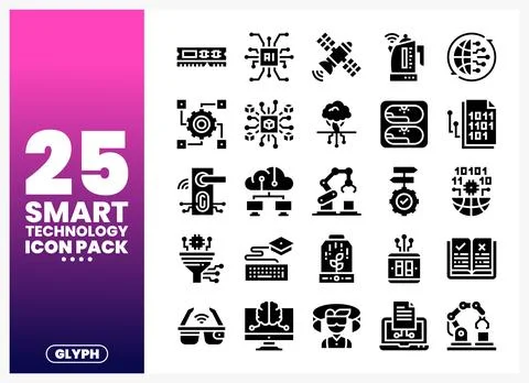Smart technology glyph icons in black on white background with gradient 스톡 일러스트