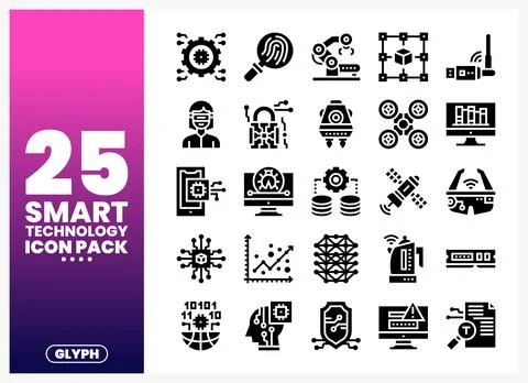Smart technology glyph icons presented in a clean. flat design. Diverse ico.. Illustrazione stock
