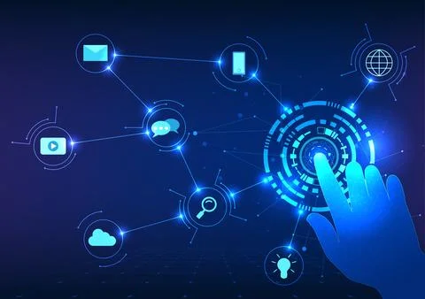 Smart technology Hand pressing technology sign button with icons smart tech.. 스톡 일러스트