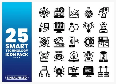Smart technology icon pack design with digital data and AI elements on a bl.. Stock Illustration