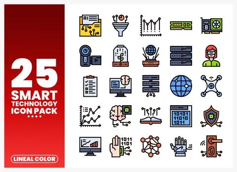 Smart technology icon pack featuring AI. drone. and data symbols. Stock Illustration