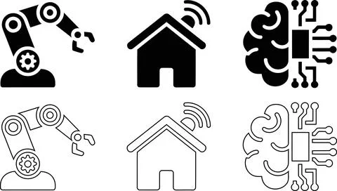 Smart Technology Icon Set, Robot Arm Automation Home Wifi and Brain Chip AI.. Stock Illustration