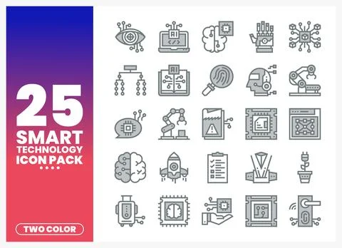 Smart Technology Icons AI Brain. Robot Arm. Chip on Purple Background 스톡 일러스트