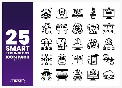 Smart technology icons. AI. robotics. IoT. and data. Set of line art icons .. Stock Illustration