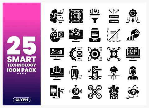 Smart Technology Icons with Brain. Computer. and Drone. Collection of glyph.. Stock Illustration