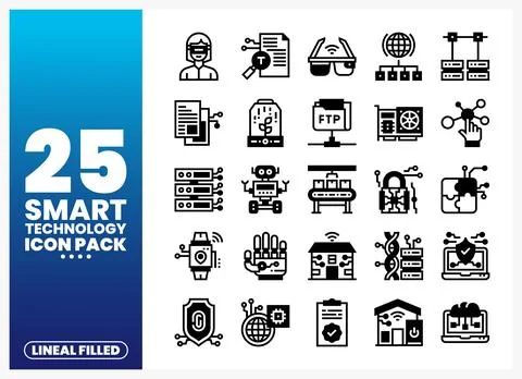 Smart technology icons for digital solutions. Lineal filled graphics on whi.. Stock Illustration