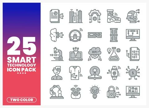 Smart technology icons displayed in a grid on a white background. Stock Illustration