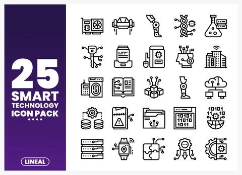 Smart technology icons displayed on a white background with purple gradient Stock Illustration