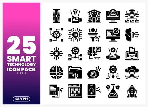 Smart Technology Icons Glyph Pack on Gradient Background 库存插图