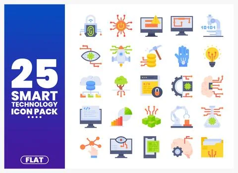 Smart technology icons including lock. virus. computer. rocket. coins. robo.. 库存插图