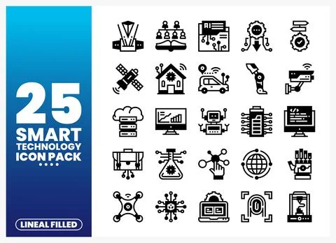 Smart technology icons in lineal filled style on a blue gradient background Stock Illustration