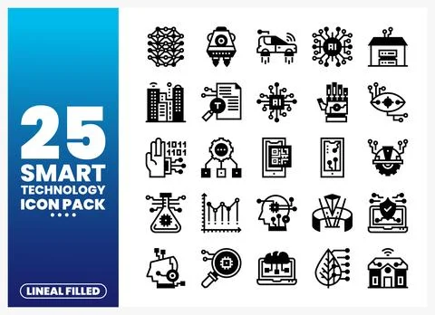 Smart technology icons with lineal filled design on blue gradient background Stock Illustration