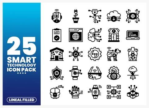Smart technology icons in lineal filled style on a blue gradient background Stock Illustration