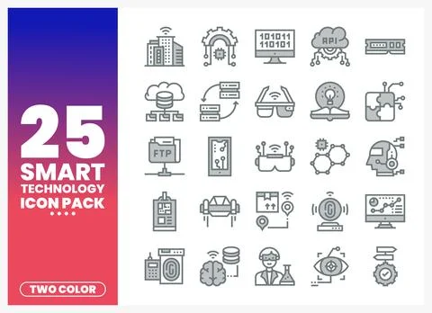 Smart Technology Icons - Minimalist Two-Color Vector Graphics Stock Illustration