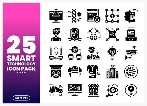 Smart Technology Icons Pack with 3D cube. network. and DNA strands Stock Illustration