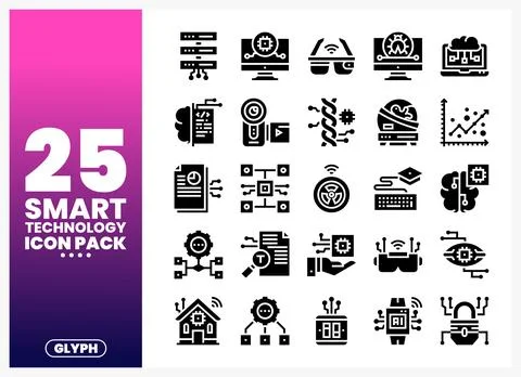 Smart Technology Icons presented as a glyph pack on a gradient background. Stock Illustration