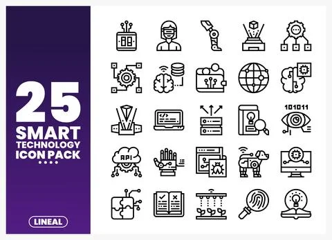 Smart technology icons presented in a linear style on a purple gradient bac.. Stock Illustration