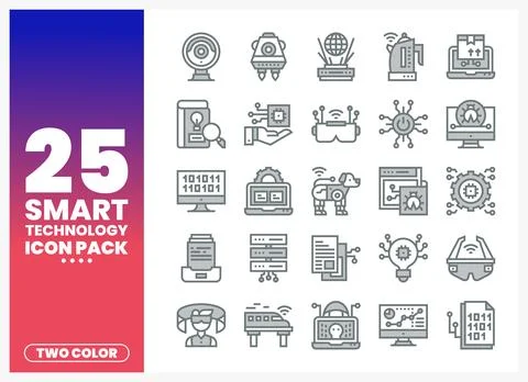Smart technology icons presented in a two-color flat design on a gradient b.. Stock Illustration