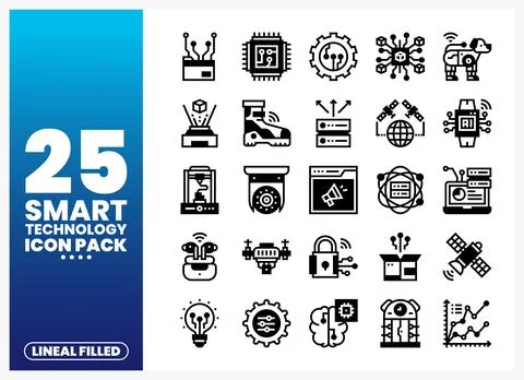 Smart technology icons set with circuits. AI. and robots in a lineal filled.. Stock Illustration
