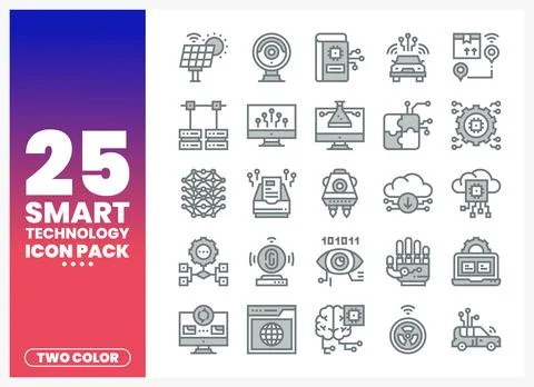 Smart technology icons with solar panel and AI brain designs Stock Illustration