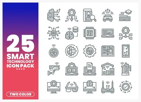 Smart technology icons in a two-color design. featuring AI. AI chips. and n.. Stock Illustration