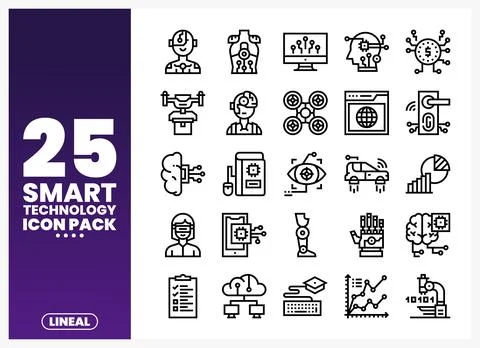 Smart technology icons on white background with purple gradient on left Illustrazione stock