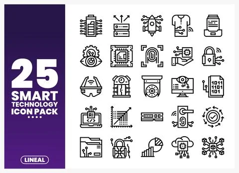 Smart Technology Line Icons on White Background Illustrazione stock