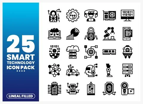 Smart technology lineal filled icons on a blue and white gradient background. Stock Illustration