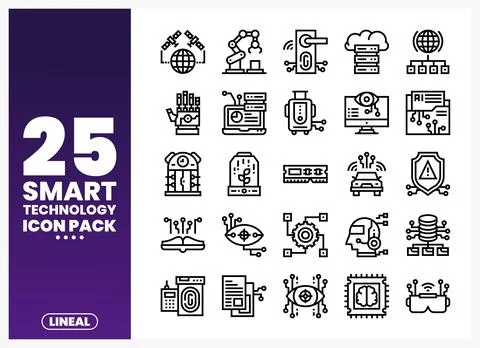 Smart technology linear icons set on white background with gradient purple .. Stock Illustration