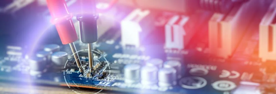 Smart technology maintenance background. Macro view of tester probes on a PCB Stock Photos