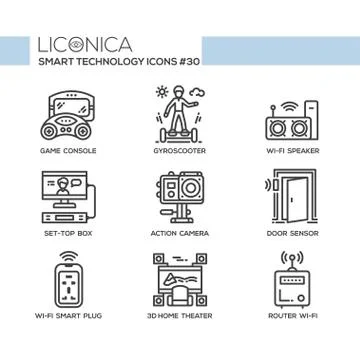 Smart Technology - modern vector flat line desigm icons set. Stock Illustration