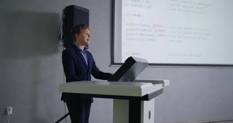 Smart Teen Boy Presenting Computer Science Project In Classroom, Future Stock Footage 280172375