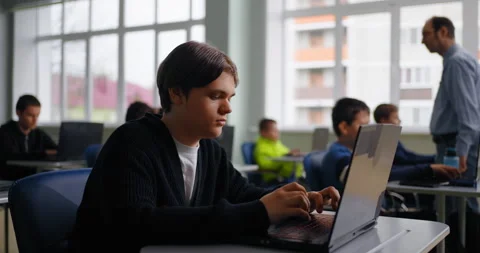 Smart Teenage Boy Learning In Coding Class, Portrait Of Future IT Professional Stock Footage 280177235
