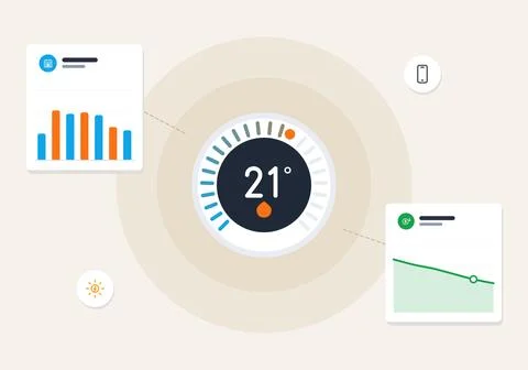 Smart thermostat temperature control in circular dial with 21 degrees, bar chart Illustrazione stock