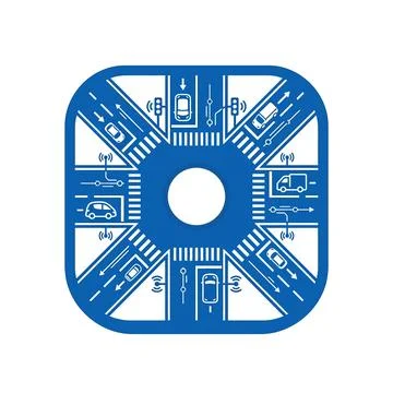 Smart traffic junction blue icon featuring autonomous vehicles and road sen.. Stock Illustration
