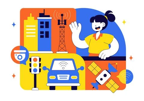 Smart Traffic Management System Technology Illustration Featuring Urban Inf.. Illustrazione stock