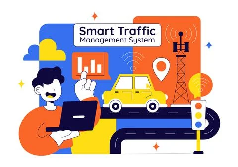 Smart Traffic Management System Technology Illustration Featuring Urban Inf.. Illustrazione stock