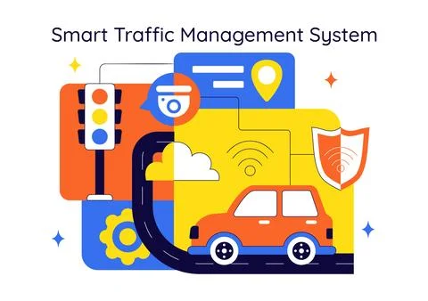 Smart Traffic Management System Technology Illustration Featuring Urban Inf.. Illustrazione stock