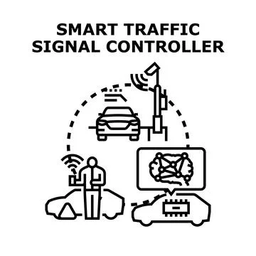 Smart traffic signal controller regulating modern urban street Ilustración de archivo