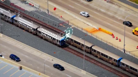 Smart train in the USA showing passenger data infographics with digital overlay Stock Footage 345491951