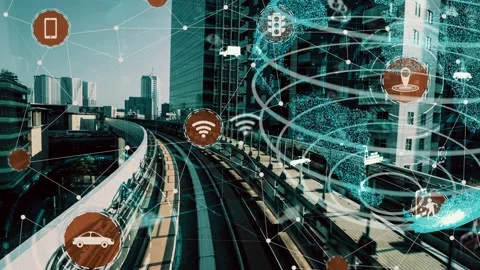Smart transport technology concept for future car traffic on newish city road Stock Footage 171376913